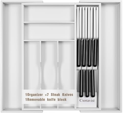 9-Piece Bamboo Kitchen Drawer Organizer Set, Expandable Silverware &Utensil Organizer with Removable Knife Block & Steak Knives, Flatware Organization, Tableware Dividers Storage(White) - color: White
