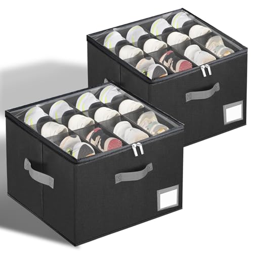 2 Pack Shoe Organizer for Closet, Large Shoe Box Storage Containers,Shoe Storage Box Fits 12-16 Pairs,Fabric Shoe Storage Bins with Clear Cover,Black - color: Black