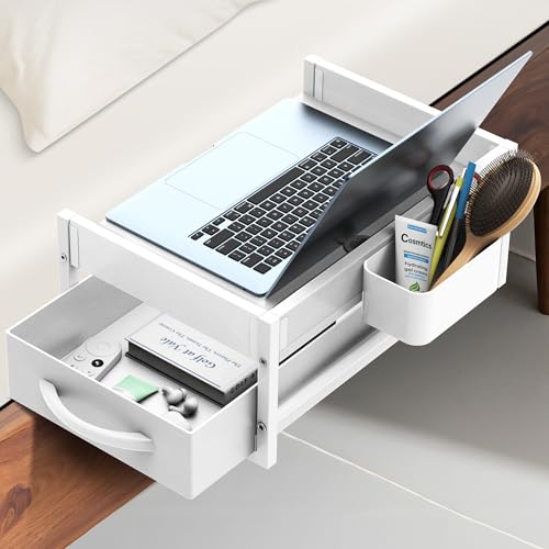 2 Tier Bedside Shelf for Dorm Bunk Bed, Under Mattress Bedside Shelf Clip On Nightstand with Fabric Drawer, Bed Side Table Tray Organizer, Bedside Tray with Cable Management, Back to School (white) - color: White