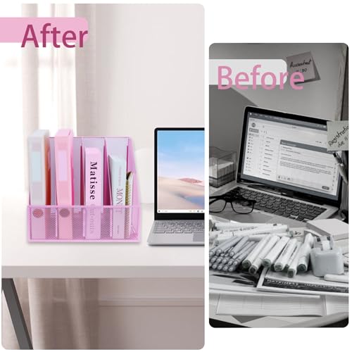 Desk Organizers, Metal Magazine File Holder with 4 Vertical Compartments Rack Binder File Organizer for Office Supplies, Home Workspace - Pink - color: Pink, size: 4 Compartments