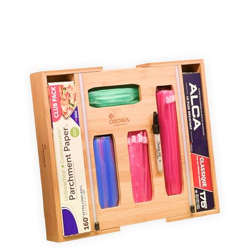 6 IN 1 Bamboo Baggie Organizer for Drawer with Labels, Expandable Storage Bag Organizer with Aluminum Foil and Saran Wrap Cutter Compatible with Quart, Gallon, Sandwich and Snack Size Bags