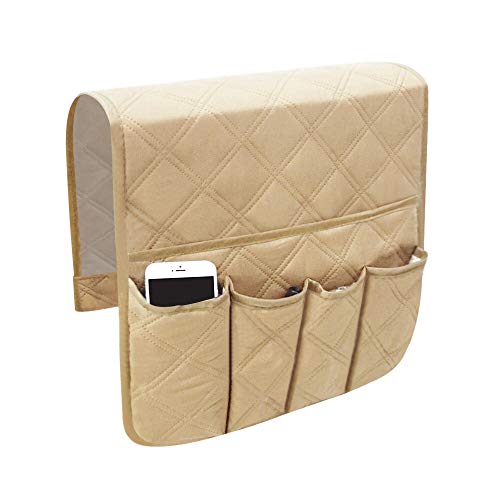 Couch Sofa Armrest Organiser Arm Chair Caddy Bedside Storage Pocket with 6 Pockets TV Remote Holder Bed Storage Pocket Bag for Cellphone Tablet Notepad Book Magazines DVD Glasses - color: #D Beige (Polyester)