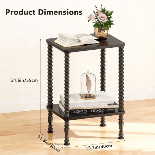 Side Table, 2-Tier Wood End Table, Vintage Bedside Nightstand with Open Storage Shelf for Living Room, Bedroom, Office, Black - color: Black, size: 2-Tier