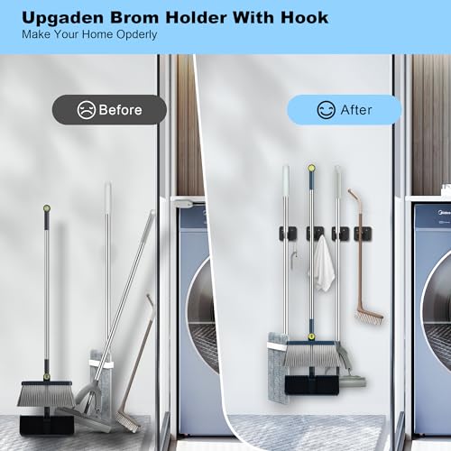 2 Pack Broom Holder Wall Mount, 304 Stainless Steel Mop Organizer with Hooks, No Drill Adhesive and Screw Installation, Rust Proof Storage Rack for Garage, Laundry, Garden, Black - color: C-Black, size: 2PCS Gripper