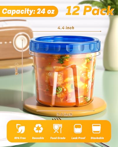 BiuLeon 12 Pack-24 oz Freezer Storage Containers, Plastic Food Storage Containers with Twist Top Lids, BPA Free and Reusable Soup Containers with Lids, Leakproof/Microwave/Dishwasher Safe - color: 12Pack-24oz