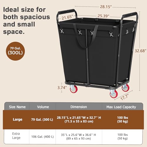 Hoctieon Large Laundry Cart with Wheels, 300L Heavy Duty Laundry Basket Organizer, Rolling Hamper Sorter for Clothes Storage, Industrial Dirty Clothes Hamper for Home & Hotel, Black - color: Black, size: 300L
