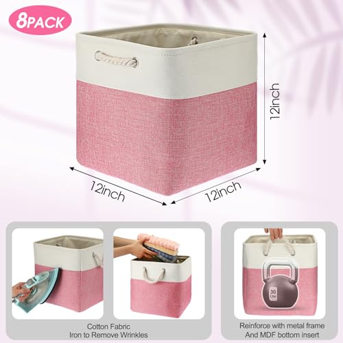 meekoo 8 Pack Collapsible Storage Bins Fabric Storage Bins Polyester Fabric Baskets with Handles Linen Closet Organizer for Shelf Home Closet Towels Toys(12 x 12 x 12 in,Pink White) - color: Pink White, size: 12 x 12 x 12 In