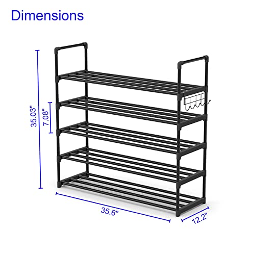 Hsscblet 5 Tiers Metal Shoe Rack,Adjustable Shoe Shelf Storage Organizer with Hooks,Stackable Boot & Shoe Storage,for Entryway,Hallway,Closet,Black - size: 5-Tier