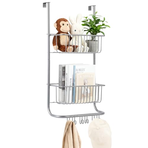 Garvee Over The Door Organizer, 2-Tier Metal Shower Caddy with 6 Hooks, Adjustable Hanging Storage for Bathroom, Bedroom, Pantry & Closet, Space Saving Solution, 11.8"x5.1"x24.2" - color: silver