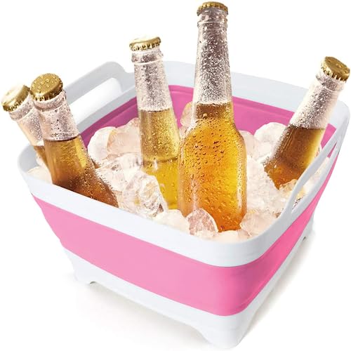 FOSJGO 2.4 Gal(9L) Collapsible Dish Basin with Drain Plug,Space Saving Multiuse Foldable Sink Tub,Dishpan,Kitchen Sink for Camping,Plastic Tub,Vegetable Washing,RV… - color: Pink