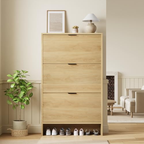 Garvee Shoe Storage Cabinet for Entryway, Fluted Shoe Cabinet with 3 Flip Drawers Doors, 32" Wide Hidden Shoe Rack Tall Freestanding Shoe Organizer for Entrance, Hallway, Living Room, Natural - color: Natural, size: 3 Drawers