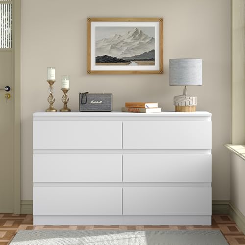 Furniouse Modern 6 Large Storage Drawers Dresser for Clothes Organizer, White Modern Chest of Drawers for Closet, 47" Long Drawer Organizer Cabinet for Bedroom, Living Room, Entryway, Hallway - size: 15"D x 47.3"W x 29.7"H (6 Drawers)
