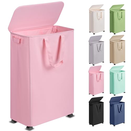 Vincona Slim Laundry Hamper with Lid and Wheels, Small Rolling Laundry Basket with Handle for Small Spaces, Tall Dirty Clothes Hampers for Dorm, Bathroom and Bedroom, 75L, Pink - color: Pink, size: 75L