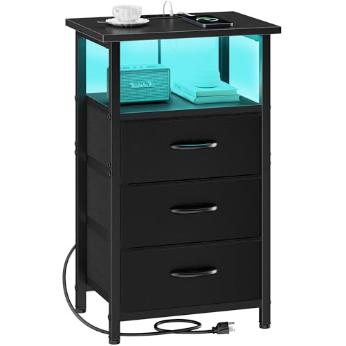 Vagusicc Night Stand with Charging Station, LED Nightstand for Bedroom, Bedside Table with 3 Fabric Drawers, End Table Side Table with USB Ports and Outlets, Bed Side Table for Bedroom, Black - color: Black, size: 1 Piece, style: With LEDs