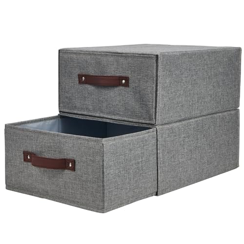 2PCS Closet Drawer Organizer Stackable Fabric Storage Boxes Bins Baskets with Lid PU Leather Handles Foldable Washable Cotton Linen Wardrobe Shelf Cloth Towels Container (Gray, Large) - color: Gray, size: Large ( Set of 2 )