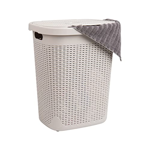Mind Reader Slim Laundry Hamper with Lid, 50L Clothes Basket, Premium Wicker Design, Plastic, Ivory - color: Ivory