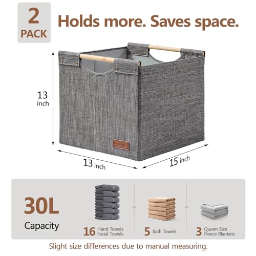 KAKAMAY Collapsible Cube Storage Bins 13x15x13 Inches Dark Grey 2-Pack, Foldable Fabric Organizer Baskets with Wooden Handles for Kallax Shelves, Living Room, Bedroom, Nursery, Closet, Toys, Clothes - color: Dark grey