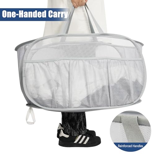 2 Pack Collapsible Laundry Baskets, Upgrade Pop Up Laundry Hamper with Convenient Bags, Foldable Laundry Basket Mesh Light Weight, Easy to Carry Clothes Hampers for Laundry, Dorm, Toys, Travel Grey - color: 2xGrey