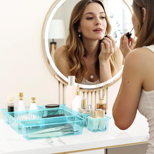 WOWBOX 8 PCS Plastic Drawer Organizer Set, 4 Sizes Desk Drawer Organization and Storage Containers for Makeup, Cosmetics, Jewelry and Gadgets in Kitchen, Bathroom, Bedroom, Office, Clear Sea Blue - color: Sea Blue, size: 8 PCS