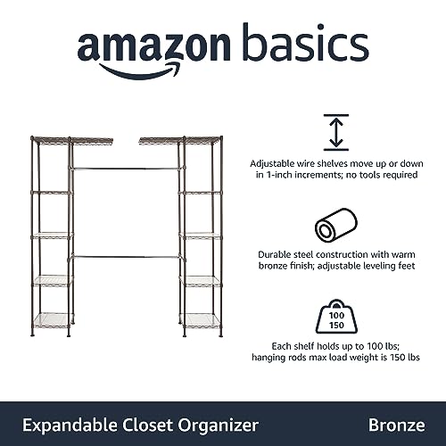 Amazon Basics Expandable Metal Hanging Closet Organizer and Storage Rack Wardrobe with Shelves, 57-80''L x 14''W x 72''H, Bronze - color: Bronze