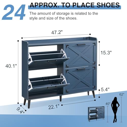 Barnyatoh Shoe Storage Cabinet,Farmhouse Shoe Organizer with 4 Flip Drawers & Barn Door Design,Freestanding Hidden Slim Narrow Shoe Rack Cabinet for Entryway,Foyer,Hallway,Navy Blue - color: Navy Blue, size: 4-Drawers