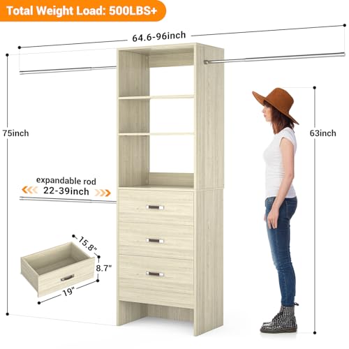 Homieasy 96 Inches Closet Organizer System, 8FT Customizable Walk In Closet Organizer with Hanging Rods, 3 Leather Handle Drawers Garment Rack, 96" L x 16" W x 75" H, Max Load 1000 LBS, White Oak - color: White Oak