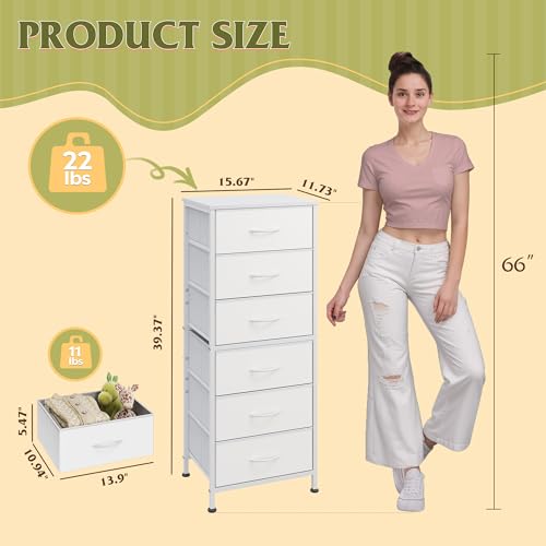 WLIVE Tall White Dresser for Bedroom, 6 Drawer Vertical Fabric Dresser, Skinny Chest of Drawers for Closet, Narrow Storage Tower with Wood Top and Metal Frame, Tall Nightstand for Small Spaces - color: White, size: 11.73"D x 15.67"W x 39.37"H