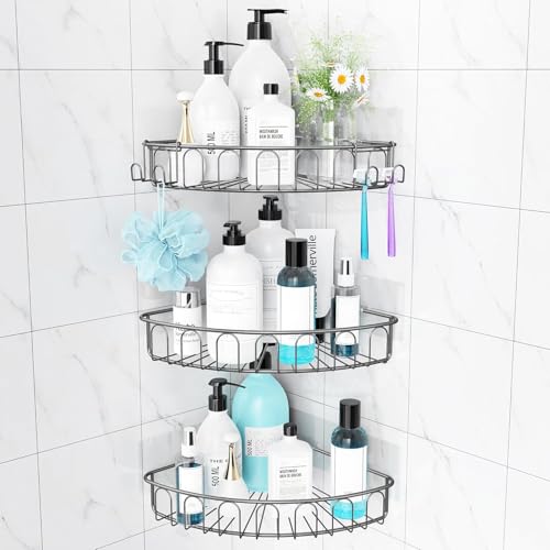 Orimade Corner Shower Caddy Stainless Steel with Hooks Wall Mounted Bathroom Shelf Storage Organizer Adhesive No Drilling 3 Pack, Grey Only for 90-Degree Corner - color: Grey