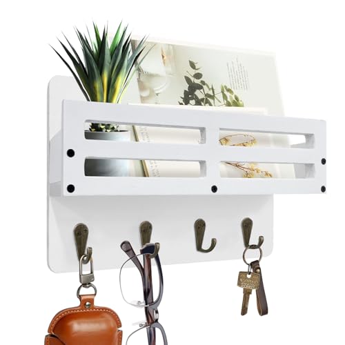 Key Holder Wall Mount Farmhouse Key Hooks for Wall with Mail Organizer Decorative Key Rack with 4 Sturdy Hooks for Dog Leash, Sunglasses, Rustic, Paulownia Key Hanger for Entryway - color: White, size: 10.2IN