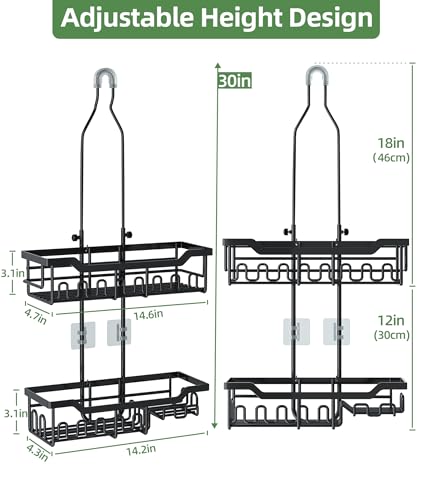 Shower Caddy Hanging Organizer, Extra Large Rack Over Showerhead with Hooks, Adjustable Height Shower Caddy for Big Shampoo Bottle, Black - color: Black - 2 Tier - XL