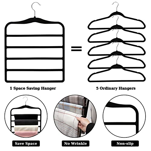 Closet Organizers and Storage, 3 Pack Pants-Hangers-Space-Saving, Velvet Non Silp 5 Tier Scarf Jeans Closet Organizer,Dorm Room Essentials for College Students Girls Boys Guys,Organization and Storage - color: Black