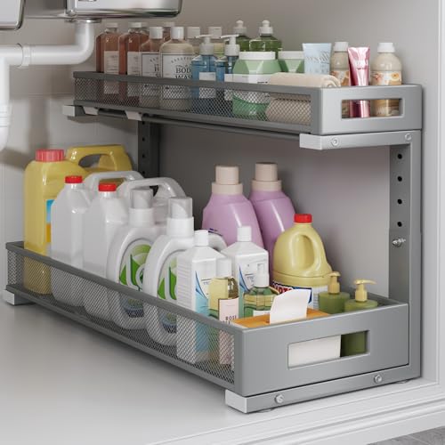 1 Pack 20.47IN Depth Under Sink Storage Organizer, Large 2-Tier Elegant Mesh Pull Out Shelf for Kitchen and Bathroom Cabinet Organization, L-Shaped and Adjustable Height Design-Gun Gray - color: Gun Gray, size: 1 Pack-20.47"Dx11.4"-16.14"H