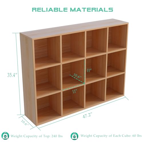 OSCHF 12-Cube Storage Shelf Bookcase - Wooden 3-Tier Floor Standing Open Bookshelf for Home and Office, Display Cabinet, Oak - color: Oak, size: 12-Cube