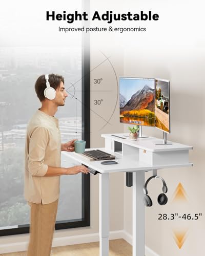 JOY worker Small Electric Standing Desk, 35" x 25" Height Adjustable Desk with Built-in Monitor Stand & Storage Drawer, White Sit Stand Table with 2 Hooks for Home Office - color: White, size: 35inch