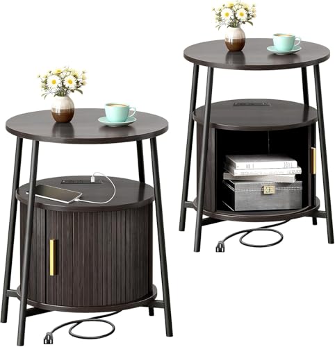 Round End Tables Set of 2: Fluted Side Table with Drawer & Charging Station, Mid-Century Modern Nightstand with Sliding Door for Small Space Storage, Living Room, Bedroom - color: Dark Walnut, size: 2 PACK