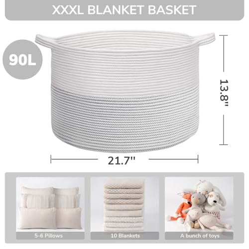 INDRESSME XXXLarge Cotton Rope Basket 21.7" x 21.7" x 13.8" Woven Baby Laundry Basket for Blankets Toys Storage Baskets with Handle Comforter Cushions Storage Bins Thread Laundry Hamper-Black Stitch - color: White, size: 21.7"D x 13.8"H