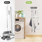 OTraki Broom Holder Wall Mount, No Drill Mop and Broom Organizer with 4 Slots and 5 Hooks, Garden Tool Hanger for Laundry Room Closet Kitchen Garage Storage and Organization