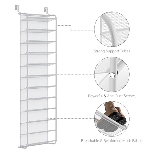 Whitmor 36 Pair Over The Door Shoe Organizer, 12 Tier Hanging Shoe Organizer, Heavy Duty Metal & Mesh Shoe Holder, Hanging Shoe Rack for Closet Organizer & Storage, 69"L x 21.7"W x 7.5"H, Matt White - color: Matt Finish White, size: Shoe Rack