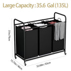 LINZINAR 3-Bag Laundry Basket, Black Laundry Hamper, 35.6 Gal(135 L) Laundry Sorter Cart Laundry Room Organization with Heavy Duty Rolling Lockable Wheels and Removable Bags - size: 3 Bags Black