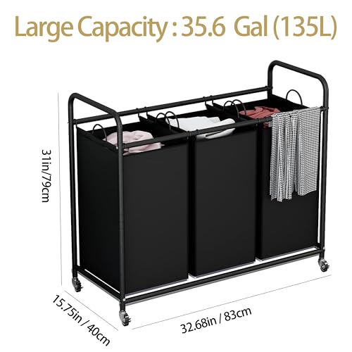 LINZINAR 3-Bag Laundry Basket, Black Laundry Hamper, 35.6 Gal(135 L) Laundry Sorter Cart Laundry Room Organization with Heavy Duty Rolling Lockable Wheels and Removable Bags - size: 3 Bags Black