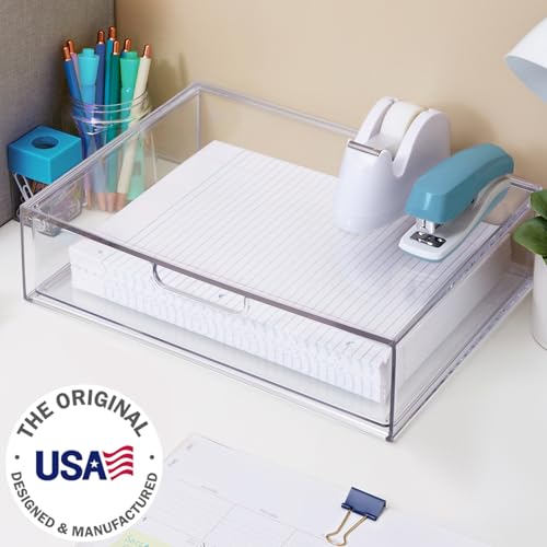 STORi STAX Plastic Stackable Organizer Drawer in Clear | 12.5-inches Wide | Organize Office Desk Accessories and Sort Letter-Size Paper | Made in USA - color: Clear, size: Open 1pk