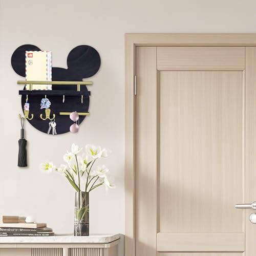 AIRPOP Key Holder for Wall–Mouse Wooden Mail Organizer Wall Mount with Shelf and 6 Hooks, Easy Installation Key Rack Hanger for Entryway Living Room Home Decor (Black) - color: Black