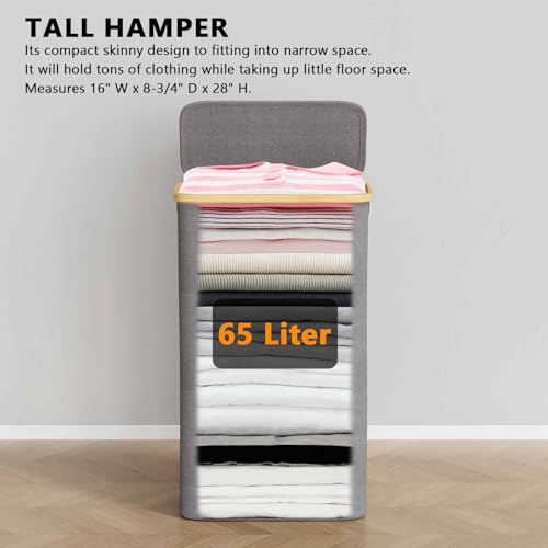 SpaceAid Slim Laundry Hamper with Lid, 65L Narrow Clothes Basket Bin with Bamboo Handles, Skinny Tall Collapsible Hamper for Bedroom, Bathroom, Dorm, Laundry Room - Grey - color: Grey, size: 65 L