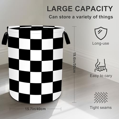 Black White Checkered Laundry Basket Storage Bin Foldable Laundry Hamper Clothes Storage Bucket Organizer 19.6x15.7 Inch For Laundry Room/Bedroom/Bathroom - color: Black White Checkered