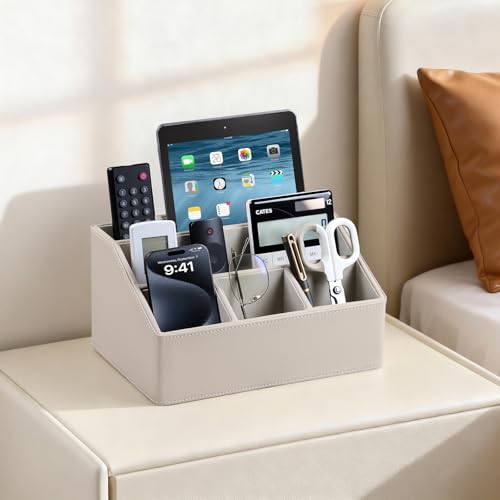 PU Leather Desk Organizer, Luxury Remote Control Holder for Home, Office Desk Accessories Table Caddy Bedside Nightstand Organizer (Dark Beige) - color: Dark Beige