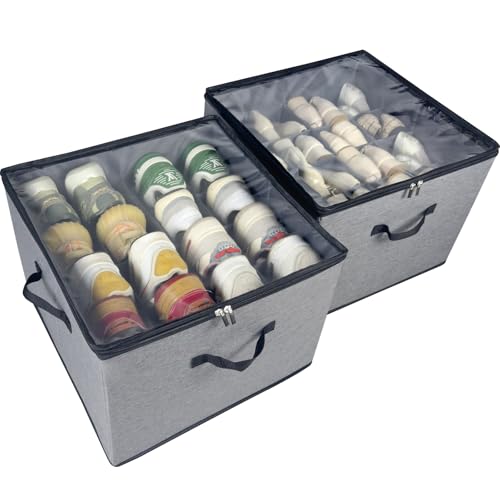 2 Pack Shoe Organizer, Shoe Storage Box with Clear Cover, Adjustable Dividers Fits 16-32 Pairs Shoe Boxes, Organizador de Zapatos, Grey - color: Grey-2 Pack