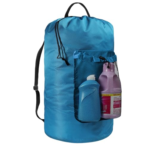 Laundry Bag with Shoulder Straps and Mesh Pocket Laundry Backpack Large Portable Laundry Hamper for College Laundromat Apartment (Light Blue) - color: Light Blue