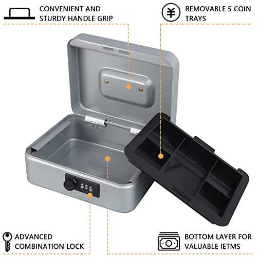 KYODOLED Cash Box with Combination Lock,Safe Metal Box for Money,Storage Lock Box with Money Tray,7.87"x 6.30"x 3.54" Lightgrey Medium - color: Lightgrey, size: Medium