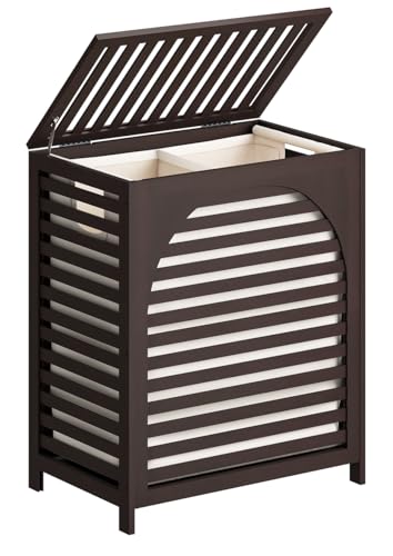 Laundry Hamper, 27.3 Gallon (103L) Bamboo Wood Clothes Laundry Basket with Lid and Handles, Removable Liner - color: Brown, size: Extra Large