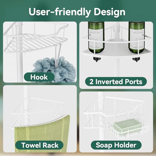 Corner Shower Caddy Tension Pole, 4 Tier Rustproof Shower Tension Rod Organizer, Adjustable 25-125 Inch Bathroom Shower Organizer Shelves for Bathtub Shampoo Storage, White - color: White